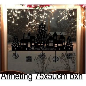 Kerst tafereel raam sticker Sneeuwvlokken - Town - 25 December - Feest - Christmas - Decoratief - Huisjes - Kerstman - Kerstboom - Statische Herbruikbaar Zwart 75x50cm