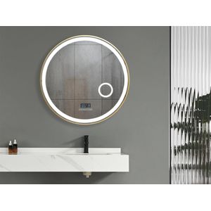 Mawialux LED Badkamerspiegel - 80cm - Rond - Mat goud rand - Make up vergroting spiegel - Verwarming - Digitale klok - Bluetooth - Josh