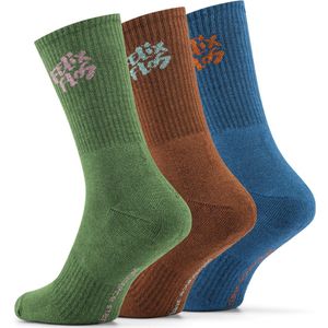 Felix Flos Base Rhythm – 3-Pack - Maat 35-38 - Blauwe, Groene & Bruine Sportsokken – Dames/Heren – Katoen – Schokdempend, Naadloos & Compressiezone
