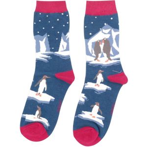 Miss Sparrow - Bamboe sokken dames pinguïns op ijsschots - navy - dieren - dierenprint - leuke sokken - grappige sokken - cadeautje