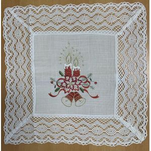 Kerst - Tafelkleed - Linnenlook - Broderie - Off White met kant en rode kaarsen - Vierkant 40 cm