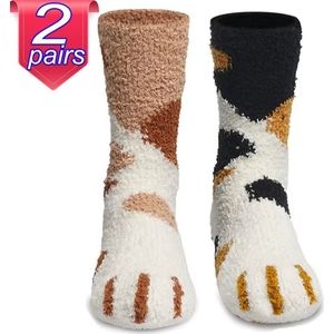 Fluffy dames sokken - 2 paar - huissokken - warme sokken - bruin - wit - leuke print kat - gestipt - 36 - 40 - cadeau voor haar - Kerst cadeau - geschenk vrouwen - verjraadagscadeau