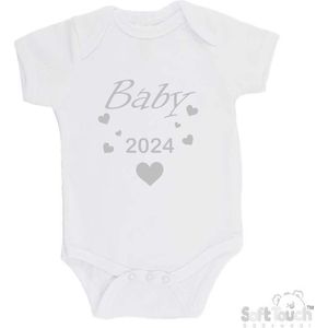 100% katoenen Romper ""Baby 2024"" Unisex Katoen Wit/zilver (Shiny) Maat 68/74