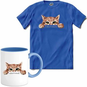 Cautious Cat | Katten - Kat - Cats - T-Shirt met mok - Unisex - Royal Blue - Maat XXL