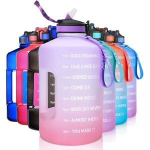 3,78 liter sportdrinkfles met tijden en rietjes, 3,78 liter grote sportfles BPA-vrij, autowatercontainer lekvrije sportfles