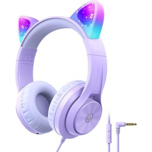 iClever - HS20 - junior koptelefoon - met katten oortjes - led light up - max 94dB - microfoon - opvouwbaar (paars)