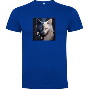 Kobalt Blauw T-Shirt met “ Kleurrijke Yin Yang Poes“ Print Full Color maat 104 / 3/4 jaar