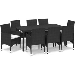 vidaXL 9-delige Tuinset met kussens - Zwart Tuinstoel - Tuinset - Buitentafel - Lounge Set - Eetkamerset