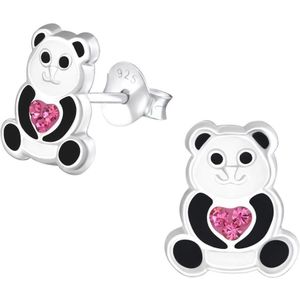 Oorbellen meisje | Kinderoorbellen meisje zilver | Zilveren oorstekers, panda met roze hart | WeLoveSilver