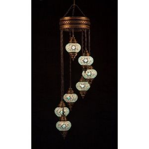 Hanglamp 7 bollen glas mozaïek beige blauw Turkse oosterse lamp Marokkaanse kroonluchter