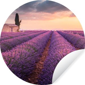 Behangcirkel - Lavendel - Schuur - Bloemen - Zonsondergang - Ronde wanddecoratie - Behang cirkel - Zelfklevend behang - 50x50 cm - Behangsticker - Behang rond - Behangcirkel bloemen - Behang zelfklevend