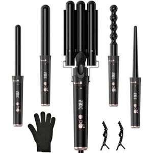 5-in-1 Multifunctionele Krultang Set met LCD Display, Instelbare Temperatuur 160-230°C, Keramische Toermalijn Krultang met Handschoen en Klemmen voor Professionele Haartyling