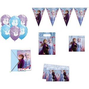 Disney - Frozen - Feestpakket - Versiering - Verjaardag - Kinderfeest - Ballonnen - Vlaggenlijn - Tafelkleed – Uitdeelzakjes - Uitnodiging kaarten - Servetten.