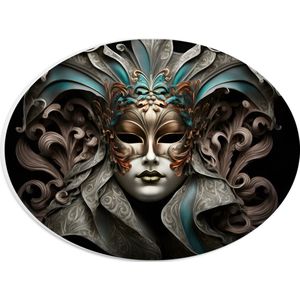PVC Schuimplaat Ovaal - Wit Venetiaanse carnavals Masker met Blauwe en Gouden Details tegen Zwarte Achtergrond - 28x21 cm Foto op Ovaal (Met Ophangsysteem)