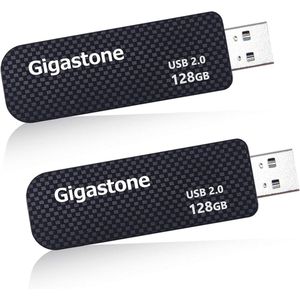 Gigastone 128GB 2-pack USB2.0 Flash Drive, V30, zwart, zilver, Thumb Drive USB Memory Stick, in-en uittrekbaar, overdrachtssnelheid tot wel 60 MB/s, koolstofvezel stijl