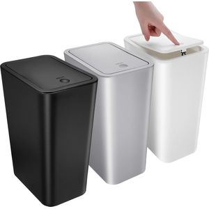 Set van 3 badkamerafvalbakken, 10 liter cosmeticabak met pop-up deksel, kleine afvalbak voor badkamer, kantoor, keuken, slaapkamer, keukenafvalbak van PP-materiaal (zwart, wit, grijs)