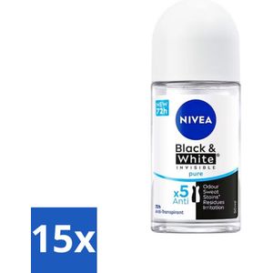 15 x Nivea - Deodorant - Roller - Black & White Invisible Pure - 50 ml - Anti-transpirant - Deodorant Roller - 48 Uur Bescherming - Witte Strepen Voorkomen - Gele Vlekken Voorkomen