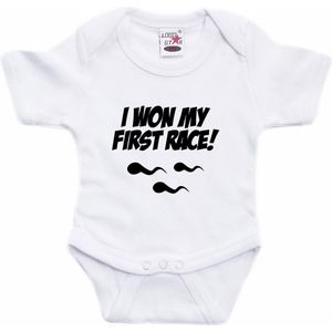 I won my first race tekst baby rompertje wit jongens en meisjes - Kraamcadeau - Babykleding 80