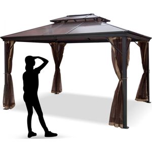 Patio Gazebo Hardtop Gazebo, Totale Afmeting 3 x 3 m, Patio Gazebo Hardtop Gazebo with Mosquito Netting, Aluminium en 180 g Polyester Doek, Outdoor Gazebo Canopy, Waterdichte Dubbele Laag, Bruin