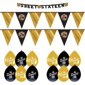 Sweet 16 Versiering Feestpakket - 16 Jaar Versiering - Sweet Sixteen - Vlaggenlijnen, Letterslinger & Ballonnen