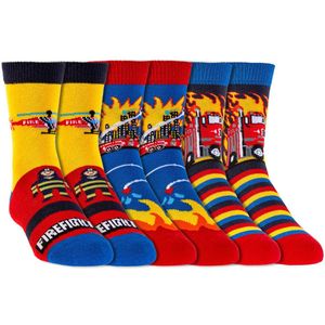 Kindersokken | Grappige sokken | happy socks printjes | Print: Brandweer | Kleur: Meerkleurig | Maat: 19-22 | 6 paar voordeelpakket