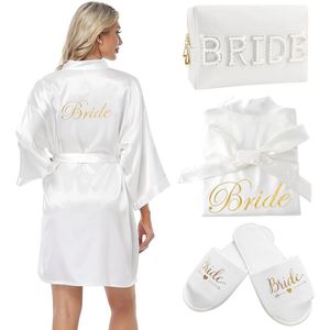 Satijnen kimono badjas voor bruiden - Bruidsbadjas met slippers en toilettas - Perfect als bruidscadeau