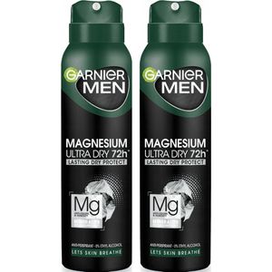 Garnier Men Anti Transpirant Body Spray Magnesium Ultra Dry - 72H Extra Antiperspirant Bodyspray voor Frisheid en Bescherming - Zonder Ethyl Alcohol - 2 x 150 ml