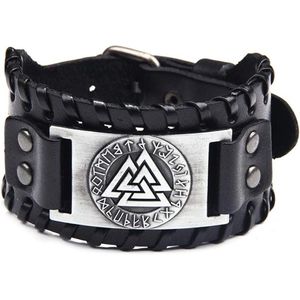 Wide Leather Bracelet Valknut and 24 Norwegian Runes Antique Silver Braided Bracelets Vintage Jewelry for Men One Size