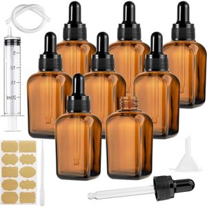 Allecto plus - 8 stuks Druppelflessen 30 ml Bruin Glas met Accessoires - Apothekersflessen voor Oliën en Kleurstoffen