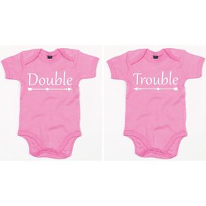 Baby Romper set Double Trouble 6-12 maand - Roze - Rompertjes baby met tekst - Rompertjes voor tweeling