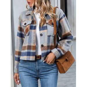 Dames flanellen geruite jas met lange mouwen en knoopjes, cropped shirts, zakelijke casual werkblouses, modieuze cropped jassen