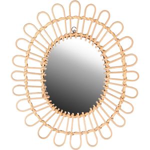 Natural Living Wandspiegel - Boho/ibiza stijl - bloemdesign - rotan - lichtbruin - ovaal - 34 x 39 cm