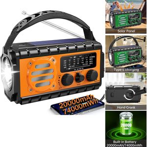 Noodradio met 20000mAh Powerbank - AM/FM Weerradio met Zonne-energie & Handcrank | SOS Alarm, Zaklamp & Telefoonoplader voor Noodgevallen | Extra Lange Batterijduur voor Thuis en Outdoor