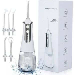 Monddouche, professionele elektrische draadloze monddouche, monddouche, tandenreiniger, waterflosser, monddouche, 3 standen, IPX7 waterdicht, met 5 sproeikoppen, USB-oplaadkabel, 350 ml wit