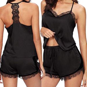 Allecto plus - Zwarte damespyjama set met kant en spaghettibandjes - Zomer nachtkleding - Sexy V-hals cami-top en shorts - Negligé sleepwear - Maat L