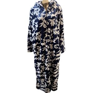 Dames Fleece Badjas extra lang 140CM met Ritssluiting en capuchon XL donkerblauw/wit