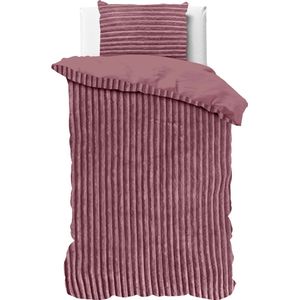 Knuffelzachte teddystof dekbedovertrek Stripes roze - 240x200/220 (lits-jumeaux) - heerlijk slapen - cosy look - luxe kwaliteit - met handige drukknopen