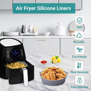 Herbruikbare Silicone Pot Liners voor Air Fryer - 2 Stuks, Rond Opvouwbare Mand Accessoires voor Heteluchtfriteuse (Grijs)