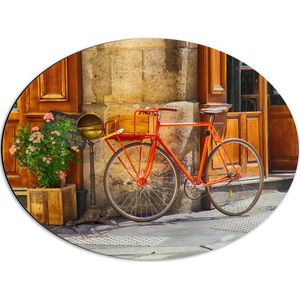 WallClassics - Dibond Ovaal - Oranje Fiets voor Café - 56x42 cm Foto op Ovaal (Met Ophangsysteem)