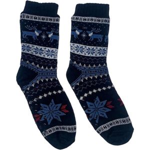 Merino Wollen Sokken Heren - Donkerblauw met Rendier - Maat 39/42 - Huissokken - Anti slip sokken - Warme sokken - Winter sokken