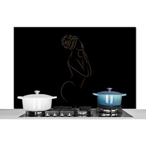Spatscherm keuken 120x80 cm - Kookplaat achterwand Vrouw - Black and gold - Line art - Muurbeschermer - Spatwand fornuis - Hoogwaardig aluminium
