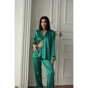 Satijnen Dames Pyjamaset- Luxe Pyjamaset- Pyjama- Nachtkleding Smaragdgroen Maat S