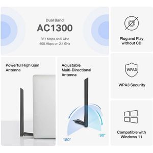 AC1300 WLAN-adapter dual band 5 GHz/2,4 GHz voor pc, laptop en tablet - Compatibel met Windows 11/10