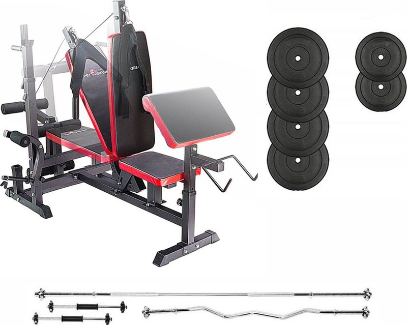 Halterbank INC. 50 kg GEWICHTEN - Sportbank - Fitnessbank + halterschijven + Halterstang curl + Halterstang recht + 2 Dumbbell stangen - multifunctioneel - volledig instelbaar