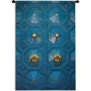 Wandkleed Deur - Blauwe deur met gouden decoratie Wandkleed katoen 120x180 cm - Wandtapijt met foto XXL / Groot formaat!