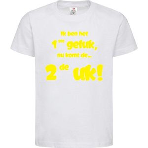 Shirt Aankondiging zwangerschap Ik ben het 1ste geluk, nu komt de ... 2de uk! | korte mouw | wit/fluor yellow | maat 122/128 zwangerschap aankondiging bekendmaking Baby big sis bro sister brother Grote Zus Broer
