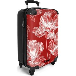NoBoringSuitcases.com® - Handbagage koffer lichtgewicht - Reiskoffer trolley vrouwen - Rood witte bloemen - Vakantie rolkoffer met wieltjes - Valies carryon koffertje - Past binnen 55x40x20 en 55x35x25