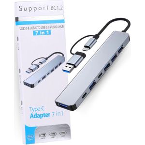 USB-Hub 7 in 1 – USB-Splitter - 2 USB-C - 5 USB - USB-3.0 - USB Adapter - Mac/Windows - Aluminium