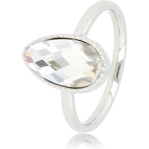 My Bendel Zilverkleurige twisted ring met witte kristalsteen druppel - Zilverkleurige ring met getwist randje en een Crystal Glassteen - Met luxe cadeauverpakking