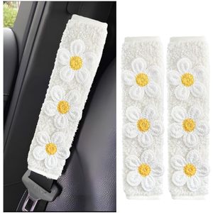 2 stuks autoveiligheidsgordel, schouderkussens voor vrouwen, autoveiligheidsgordel, schouderkussen, zacht, autobloemen, veiligheidsgordel, schouderbeschermers, wit